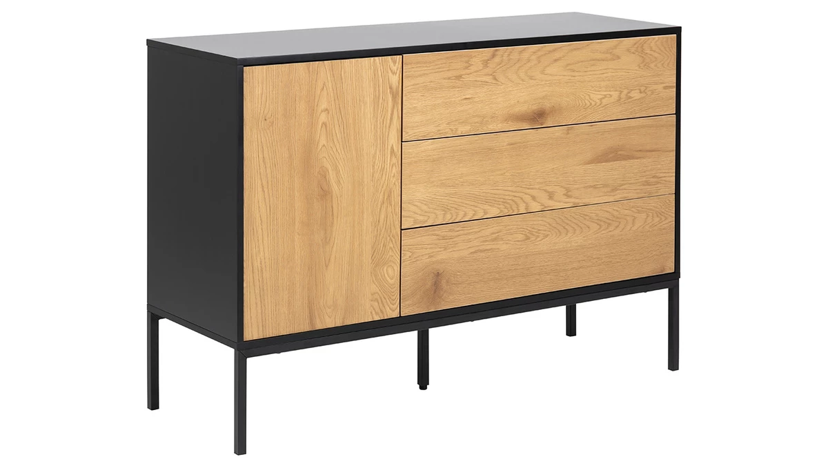 Buffet Bas Industriel Bois Et Métal Noir 1 Porte 3 Tiroirs L120 Cm TRESCA 5 Buffet Bas Industriel Bois Et Métal Noir 1 Porte 3 Tiroirs L120 Cm TRESCA – Image 3