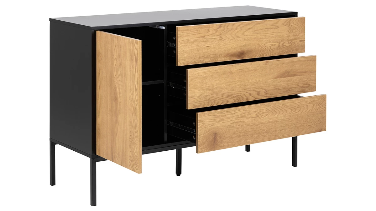 Buffet Bas Industriel Bois Et Métal Noir 1 Porte 3 Tiroirs L120 Cm TRESCA 4 Buffet Bas Industriel Bois Et Métal Noir 1 Porte 3 Tiroirs L120 Cm TRESCA – Image 2