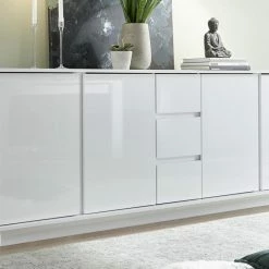 Buffet Design Blanc Laqué Brillant 4 Portes 3 Tiroirs L210 Cm COMO