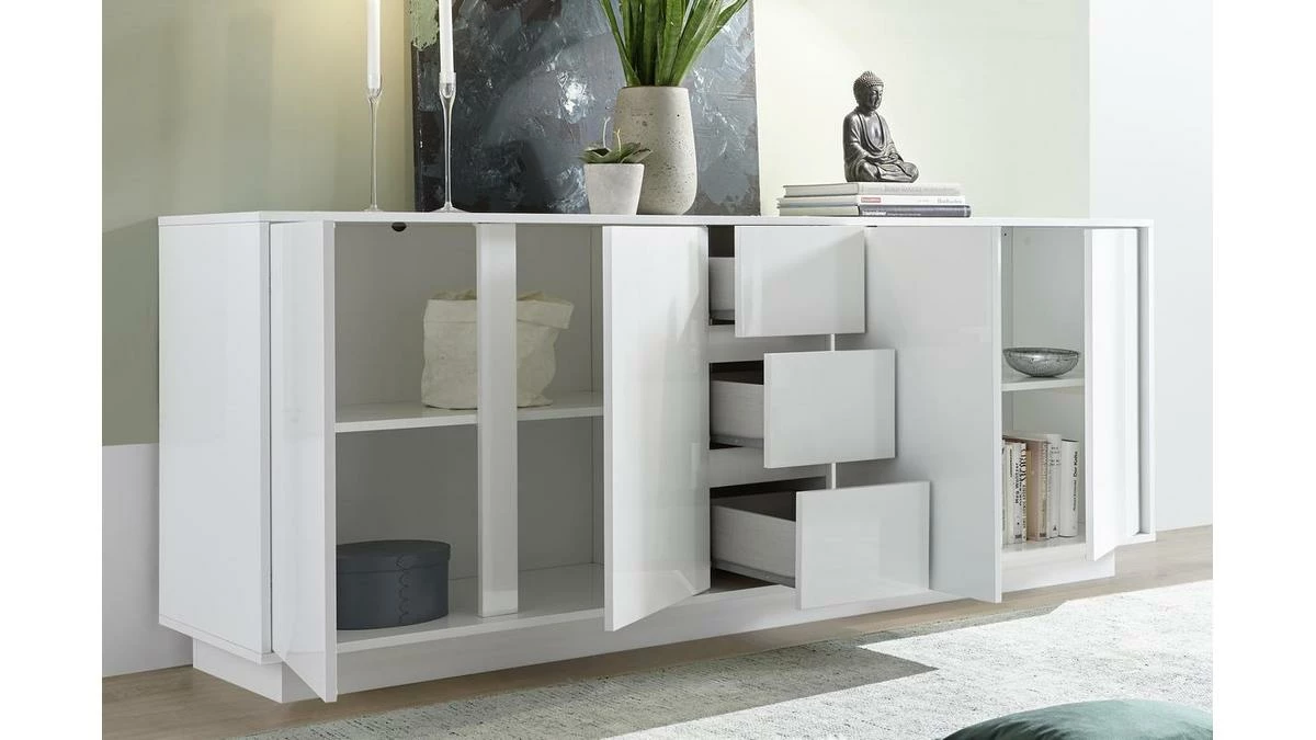Buffet Design Blanc Laqué Brillant 4 Portes 3 Tiroirs L210 Cm COMO 4 Buffet Design Blanc Laqué Brillant 4 Portes 3 Tiroirs L210 Cm COMO – Image 2