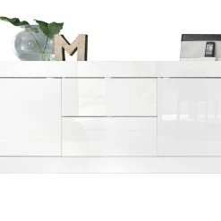 Buffet Design Blanc Laqué Brillant Avec Tiroirs L210 Cm LATTE