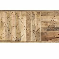 Buffet Gravé En Manguier Massif Et Métal Doré 2 Portes 3 Tiroirs L145 Cm LINIUM
