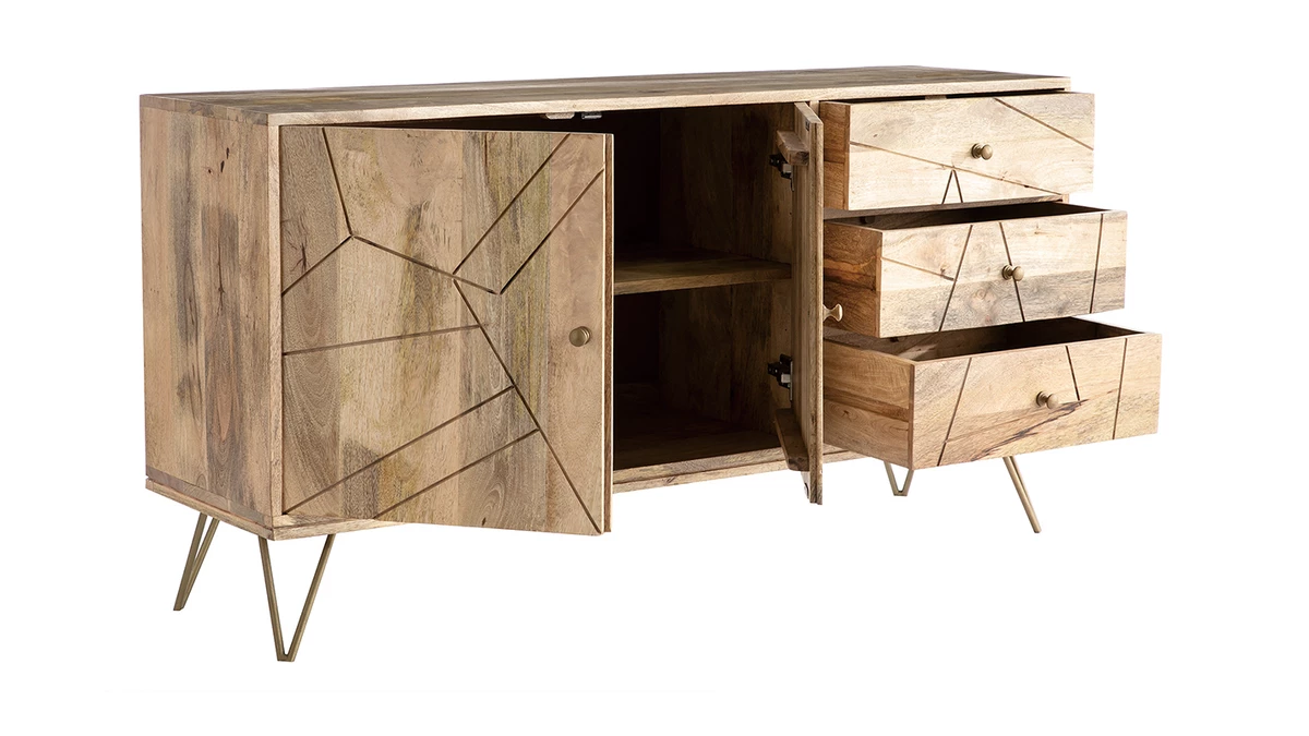 Buffet Gravé En Manguier Massif Et Métal Doré 2 Portes 3 Tiroirs L145 Cm LINIUM 5 Buffet Gravé En Manguier Massif Et Métal Doré 2 Portes 3 Tiroirs L145 Cm LINIUM – Image 3