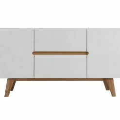 Buffet Scandinave Blanc Brillant Et Bois Clair 2 Portes 2 Tiroirs L160cm MELKA
