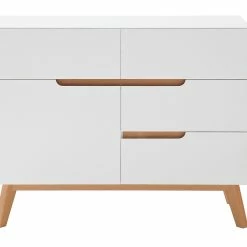Buffet Scandinave Blanc Mat Et Bois 1 Porte 4 Tiroirs L97 Cm SKIVE