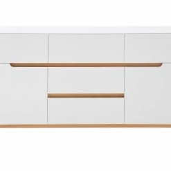 Buffet Scandinave Blanc Mat Et Bois Clair 2 Portes 5 Tiroirs L145 Cm SKIVE