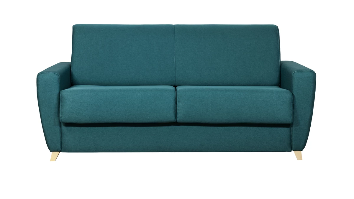 Canapé Convertible 3 Places En Tissu Bleu Canard Et Bois Clair Avec Matelas 18 Cm GRAHAM 3 Canapé Convertible 3 Places En Tissu Bleu Canard Et Bois Clair Avec Matelas 18 Cm GRAHAM