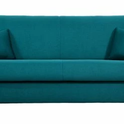 Canapé Convertible 3 Places En Tissu Bleu Paon Et Bois Clair Avec Matelas 12 Cm SKANDY