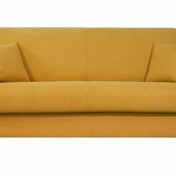 Canapé Convertible 3 Places En Tissu Effet Velours Jaune Moutarde Et Bois Clair Avec Matelas 12 Cm SKANDY