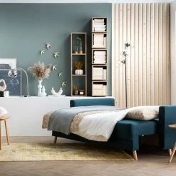 Canapé Convertible Avec Coffre 3 Places En Tissu Bleu Paon Et Bois Clair MIRA -Canapé Soldes canape convertible avec coffre 3 places en tissu bleu paon et bois clair mira 50013 60be379daea31 1200 675