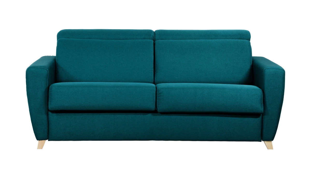 Canapé Convertible Avec Têtières Ajustables 3 Places En Tissu Bleu Paon Et Bois Clair Avec Matelas 13 Cm GOYA 3 Canapé Convertible Avec Têtières Ajustables 3 Places En Tissu Bleu Paon Et Bois Clair Avec Matelas 13 Cm GOYA