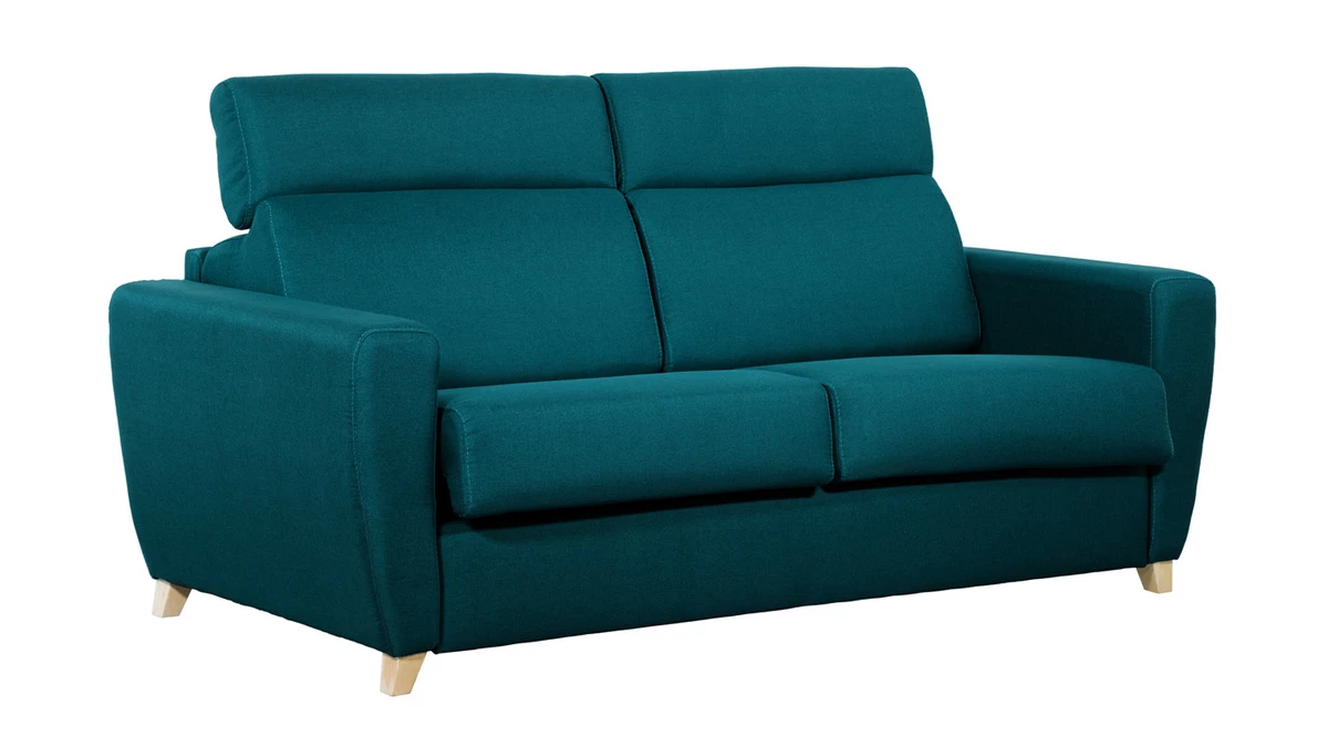 Canapé Convertible Avec Têtières Ajustables 3 Places En Tissu Bleu Paon Et Bois Clair Avec Matelas 13 Cm GOYA 4 Canapé Convertible Avec Têtières Ajustables 3 Places En Tissu Bleu Paon Et Bois Clair Avec Matelas 13 Cm GOYA – Image 2