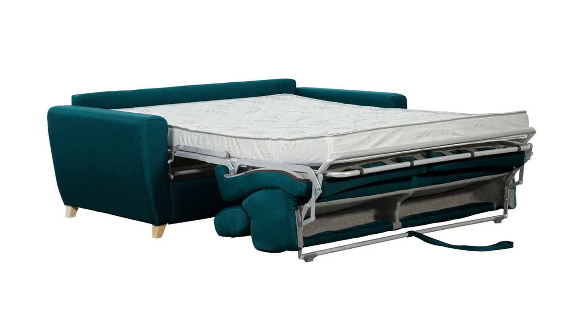 Canapé Convertible Avec Têtières Ajustables 3 Places En Tissu Bleu Paon Et Bois Clair Avec Matelas 13 Cm GOYA 5 Canapé Convertible Avec Têtières Ajustables 3 Places En Tissu Bleu Paon Et Bois Clair Avec Matelas 13 Cm GOYA – Image 3