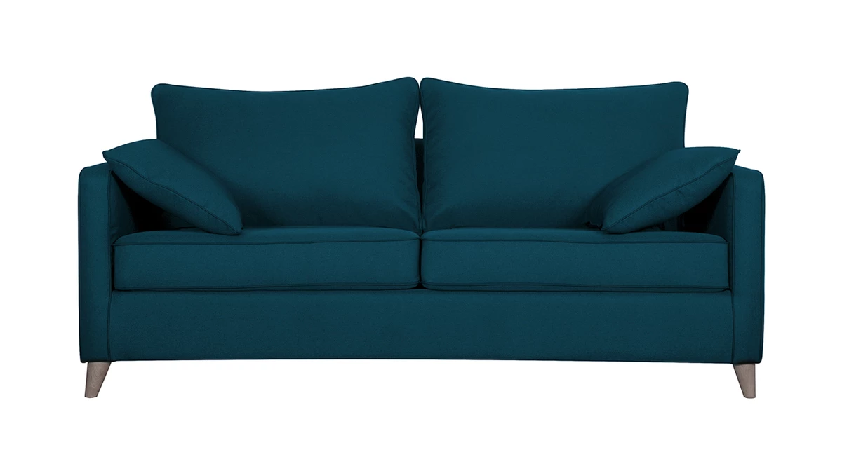 Canapé Convertible Scandinave 3 Places En Tissu Bleu Canard Et Bois Clair Avec Matelas 10 Cm PAPEL 3 Canapé Convertible Scandinave 3 Places En Tissu Bleu Canard Et Bois Clair Avec Matelas 10 Cm PAPEL