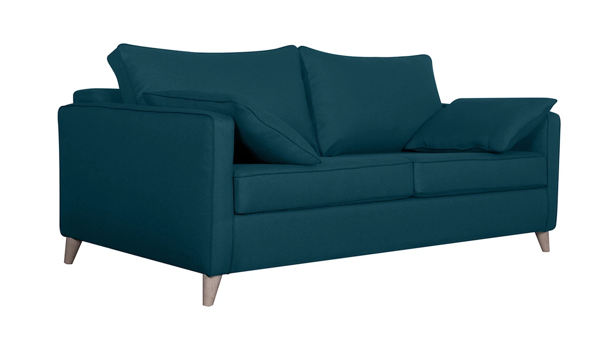 Canapé Convertible Scandinave 3 Places En Tissu Bleu Canard Et Bois Clair Avec Matelas 10 Cm PAPEL 4 Canapé Convertible Scandinave 3 Places En Tissu Bleu Canard Et Bois Clair Avec Matelas 10 Cm PAPEL – Image 2