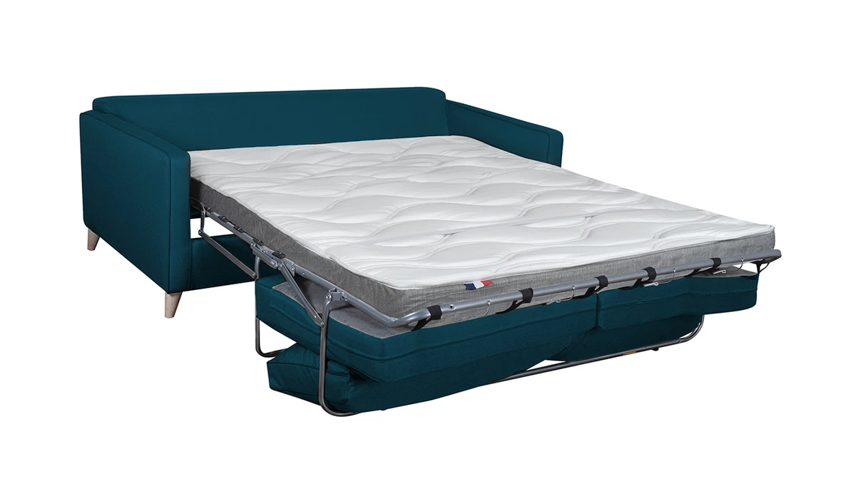 Canapé Convertible Scandinave 3 Places En Tissu Bleu Canard Et Bois Clair Avec Matelas 10 Cm PAPEL 5 Canapé Convertible Scandinave 3 Places En Tissu Bleu Canard Et Bois Clair Avec Matelas 10 Cm PAPEL – Image 3