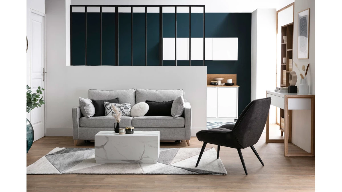 Canapé Convertible Scandinave 3 Places En Tissu Bleu Canard Et Bois Clair Avec Matelas 10 Cm PAPEL 8 Canapé Convertible Scandinave 3 Places En Tissu Bleu Canard Et Bois Clair Avec Matelas 10 Cm PAPEL – Image 6