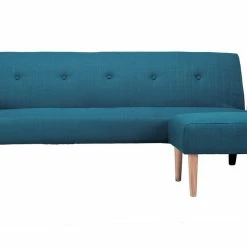 Canapé D'angle Convertible Réversible 4 Places En Tissu Bleu Canard Et Bois Clair OSCAR