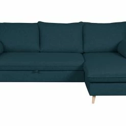 Canapé D'angle Convertible Réversible Avec Coffre 3-4 Places En Tissu Bleu Océan Et Bois Clair DRISS