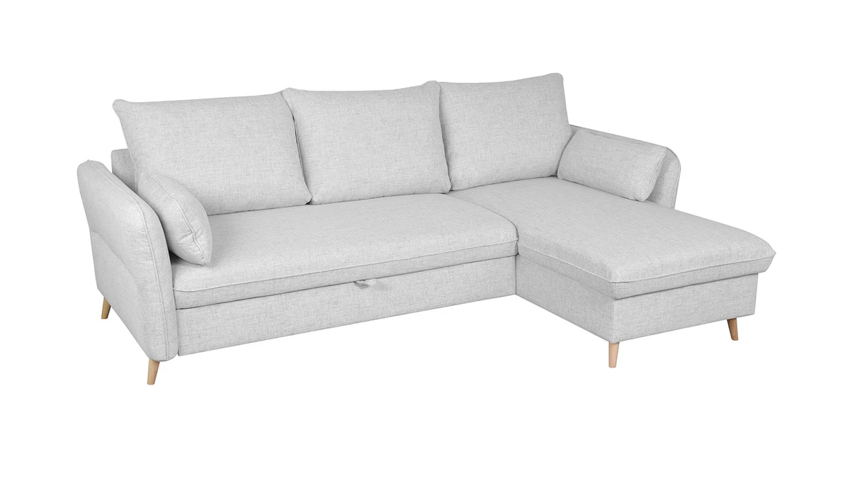 Canapé D'angle Convertible Réversible Avec Coffre 3-4 Places En Tissu Gris Clair Et Bois Clair DRISS 4 Canapé D'angle Convertible Réversible Avec Coffre 3-4 Places En Tissu Gris Clair Et Bois Clair DRISS – Image 2