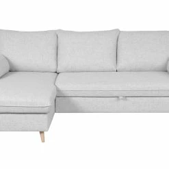 Canapé D'angle Convertible Réversible Avec Coffre 3-4 Places En Tissu Gris Clair Et Bois Clair DRISS