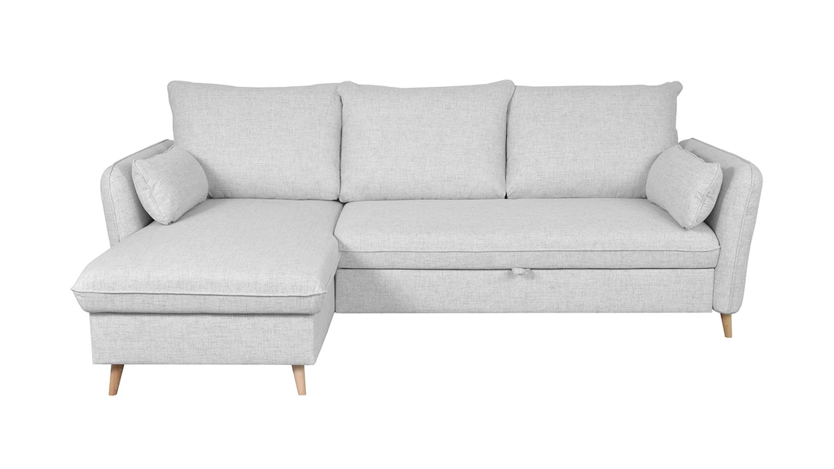 Canapé D'angle Convertible Réversible Avec Coffre 3-4 Places En Tissu Gris Clair Et Bois Clair DRISS 3 Canapé D'angle Convertible Réversible Avec Coffre 3-4 Places En Tissu Gris Clair Et Bois Clair DRISS