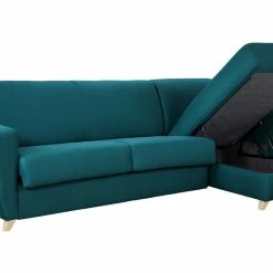 Canapé D'angle Convertible Réversible Avec Coffre 4 Places En Tissu Bleu Canard Et Bois Clair GRAHAM -Canapé Soldes canape dangle convertible reversible avec coffre 4 places en tissu bleu canard et bois clair graham 49271 602fdff12a59e 1200 675