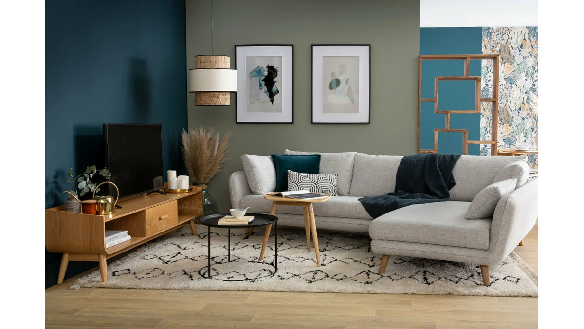 Canapé D'angle Droit Scandinave 5 Places En Tissu Gris Clair Chiné Et Bois Clair CREEP 8 Canapé D'angle Droit Scandinave 5 Places En Tissu Gris Clair Chiné Et Bois Clair CREEP – Image 6