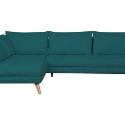 Canapé D'angle Gauche Scandinave 5 Places En Tissu Bleu Paon Et Bois Clair CREEP