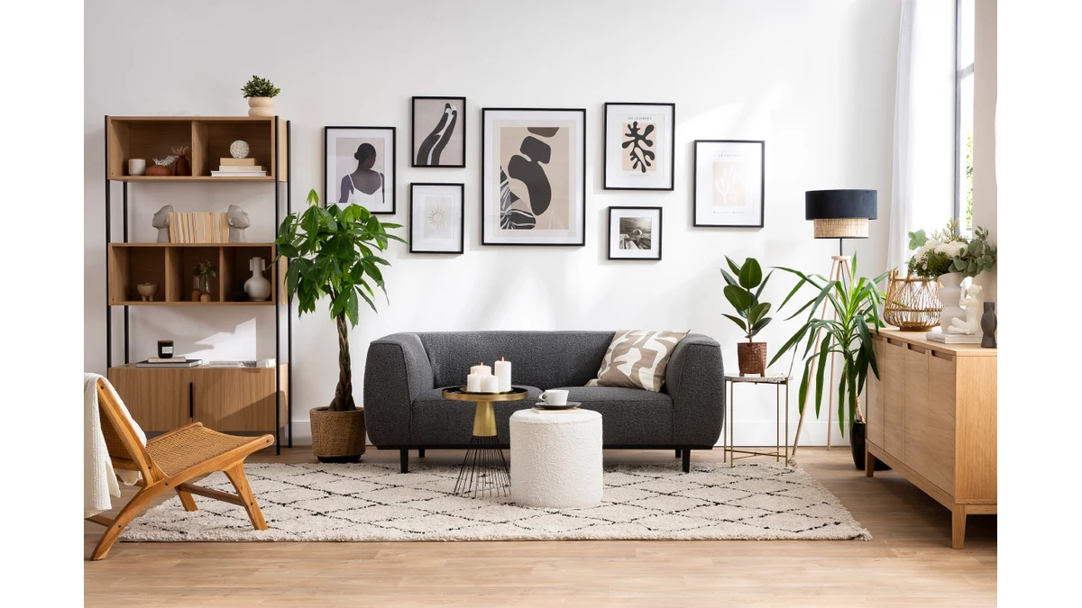 Canapé Design 2-3 Places En Tissu Effet Laine Bouclée Gris Anthracite Et Bois Noir MORRIS 8 Canapé Design 2-3 Places En Tissu Effet Laine Bouclée Gris Anthracite Et Bois Noir MORRIS – Image 6