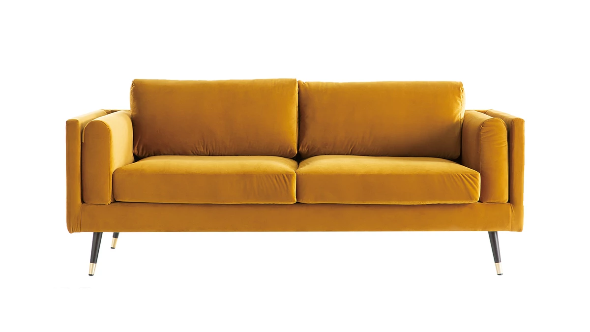 Canapé Design 3 Places En Tissu Velours Jaune, Bois Noir Et Métal Doré STING 3 Canapé Design 3 Places En Tissu Velours Jaune, Bois Noir Et Métal Doré STING