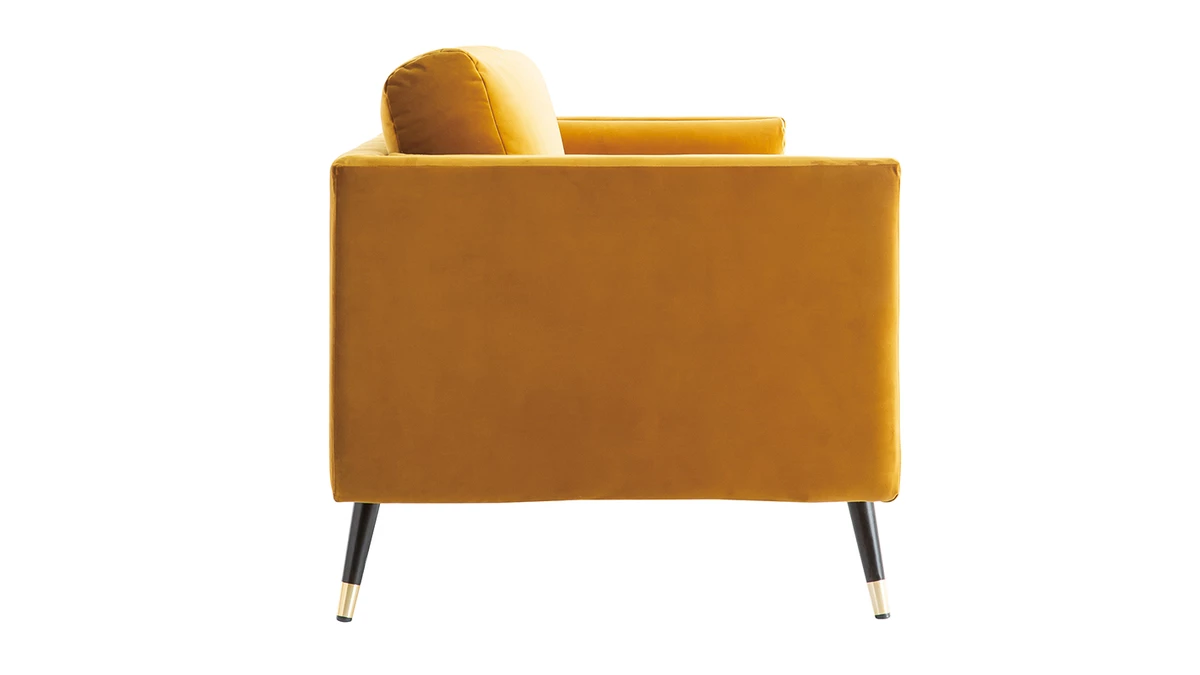 Canapé Design 3 Places En Tissu Velours Jaune, Bois Noir Et Métal Doré STING 5 Canapé Design 3 Places En Tissu Velours Jaune, Bois Noir Et Métal Doré STING – Image 3