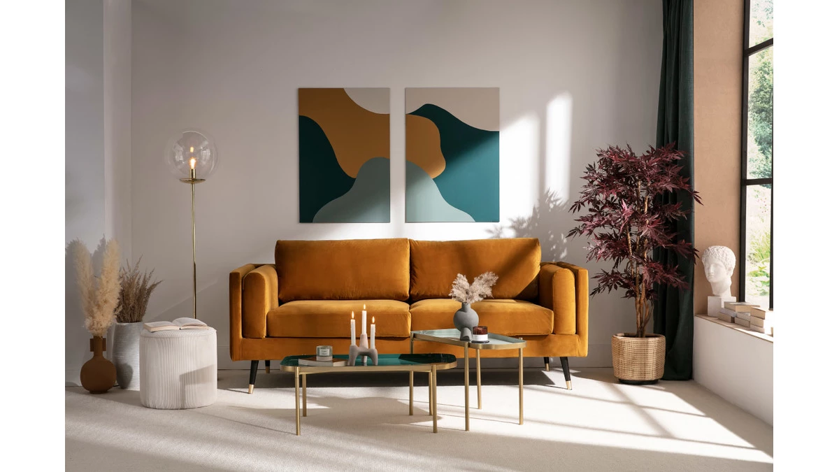 Canapé Design 3 Places En Tissu Velours Jaune, Bois Noir Et Métal Doré STING 8 Canapé Design 3 Places En Tissu Velours Jaune, Bois Noir Et Métal Doré STING – Image 6