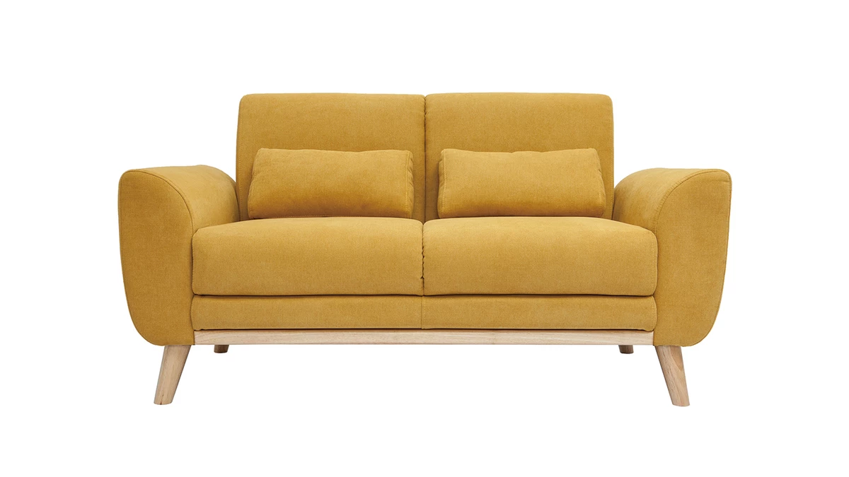 Canapé Scandinave 2 Places En Tissu Effet Velours Jaune Moutarde Et Bois Clair EKTOR 3 Canapé Scandinave 2 Places En Tissu Effet Velours Jaune Moutarde Et Bois Clair EKTOR