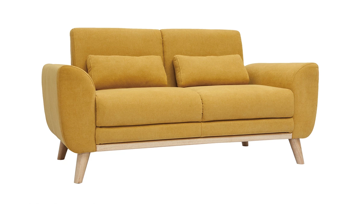 Canapé Scandinave 2 Places En Tissu Effet Velours Jaune Moutarde Et Bois Clair EKTOR 4 Canapé Scandinave 2 Places En Tissu Effet Velours Jaune Moutarde Et Bois Clair EKTOR – Image 2