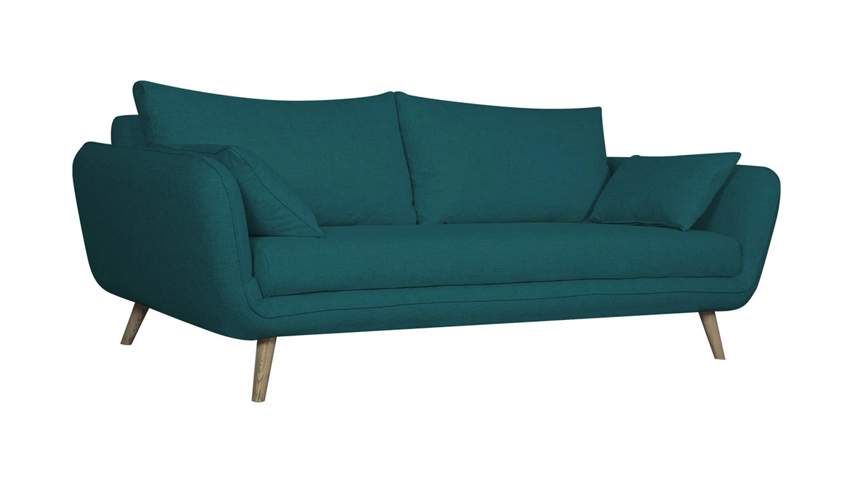 Canapé Scandinave 3 Places En Tissu Bleu Paon Et Bois Clair CREEP 4 Canapé Scandinave 3 Places En Tissu Bleu Paon Et Bois Clair CREEP – Image 2