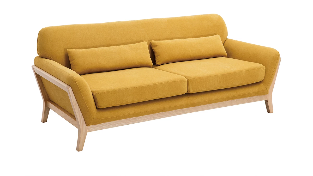 Canapé Scandinave 3 Places En Tissu Effet Velours Jaune Moutarde Et Bois Clair YOKO 4 Canapé Scandinave 3 Places En Tissu Effet Velours Jaune Moutarde Et Bois Clair YOKO – Image 2