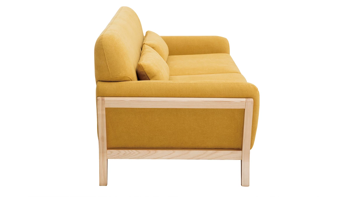 Canapé Scandinave 3 Places En Tissu Effet Velours Jaune Moutarde Et Bois Clair YOKO 5 Canapé Scandinave 3 Places En Tissu Effet Velours Jaune Moutarde Et Bois Clair YOKO – Image 3