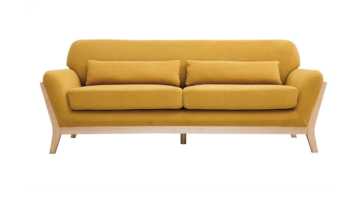 Canapé Scandinave 3 Places En Tissu Effet Velours Jaune Moutarde Et Bois Clair YOKO 3 Canapé Scandinave 3 Places En Tissu Effet Velours Jaune Moutarde Et Bois Clair YOKO