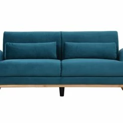 Canapé Scandinave 3 Places En Tissu Velours Bleu Pétrole Et Bois Clair EKTOR
