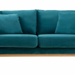 Canapé Scandinave Déhoussable 2 Places En Tissu Velours Bleu Pétrole Et Bois Clair OSLO