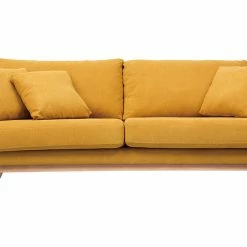 Canapé Scandinave Déhoussable 3 Places En Tissu Effet Velours Jaune Moutarde Et Bois Clair OSLO