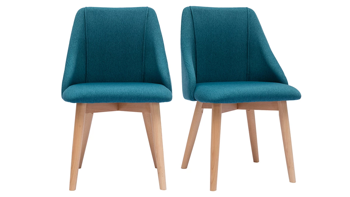 Chaises En Tissu Effet Velours Texturé Bleu Canard Et Bois Clair Massif (lot De 2) HIGGINS 3 Chaises En Tissu Effet Velours Texturé Bleu Canard Et Bois Clair Massif (lot De 2) HIGGINS