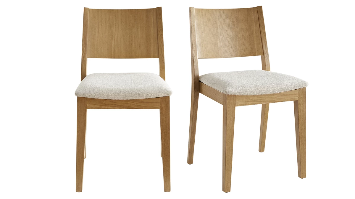 Chaises Scandinaves En Tissu Effet Laine Bouclée écru Et Bois Clair Chêne (lot De 2) MELVIL 3 Chaises Scandinaves En Tissu Effet Laine Bouclée écru Et Bois Clair Chêne (lot De 2) MELVIL