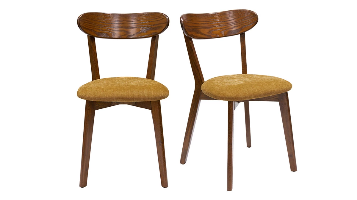 Chaises Vintage Bois Foncé Chêne Et Tissu Effet Velours Jaune Moutarde (lot De 2) DOVE 3 Chaises Vintage Bois Foncé Chêne Et Tissu Effet Velours Jaune Moutarde (lot De 2) DOVE