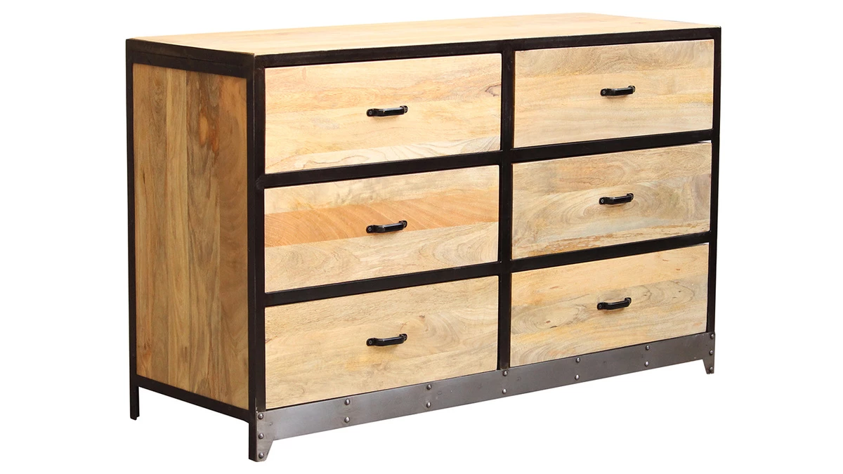 Commode Industrielle En Bois Manguier Massif Et Métal Noir 6 Tiroirs L130 Cm INDUSTRIA 4 Commode Industrielle En Bois Manguier Massif Et Métal Noir 6 Tiroirs L130 Cm INDUSTRIA – Image 2
