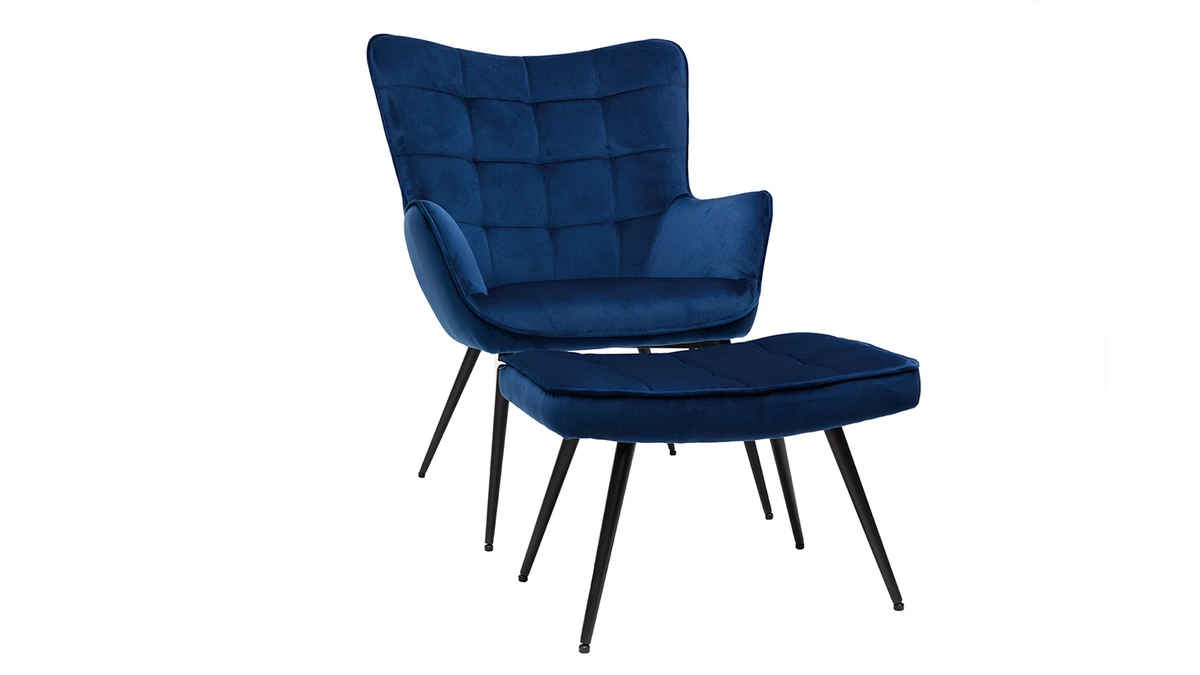 Fauteuil Avec Repose-pieds Design En Tissu Velours Bleu Foncé Et Métal Noir MOOD - Miliboo & Stéphane Plaza 4 Fauteuil Avec Repose-pieds Design En Tissu Velours Bleu Foncé Et Métal Noir MOOD - Miliboo & Stéphane Plaza – Image 2