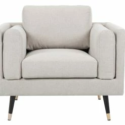 Fauteuil Design En Tissu Beige Naturel, Bois Noir Et Métal Doré STING