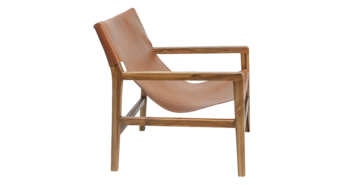 Fauteuil Ethnique Bois Teck Massif Et Cuir Marron CHILLY 5 Fauteuil Ethnique Bois Teck Massif Et Cuir Marron CHILLY – Image 3