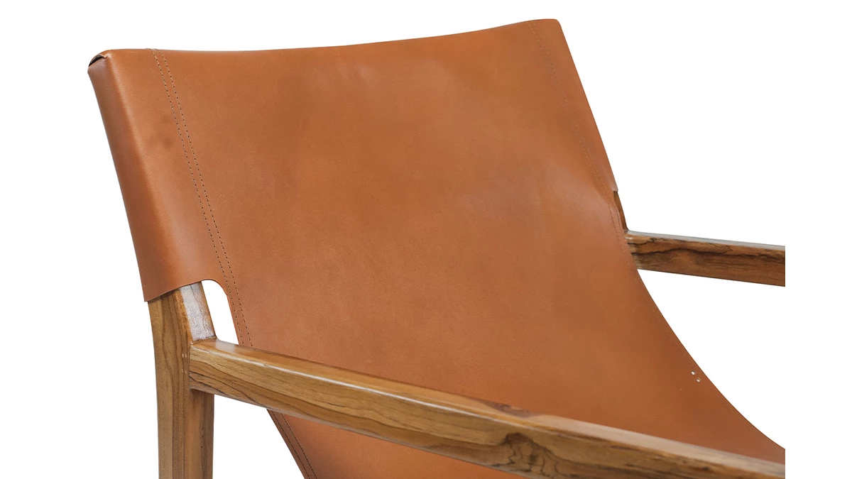 Fauteuil Ethnique Bois Teck Massif Et Cuir Marron CHILLY 7 Fauteuil Ethnique Bois Teck Massif Et Cuir Marron CHILLY – Image 5